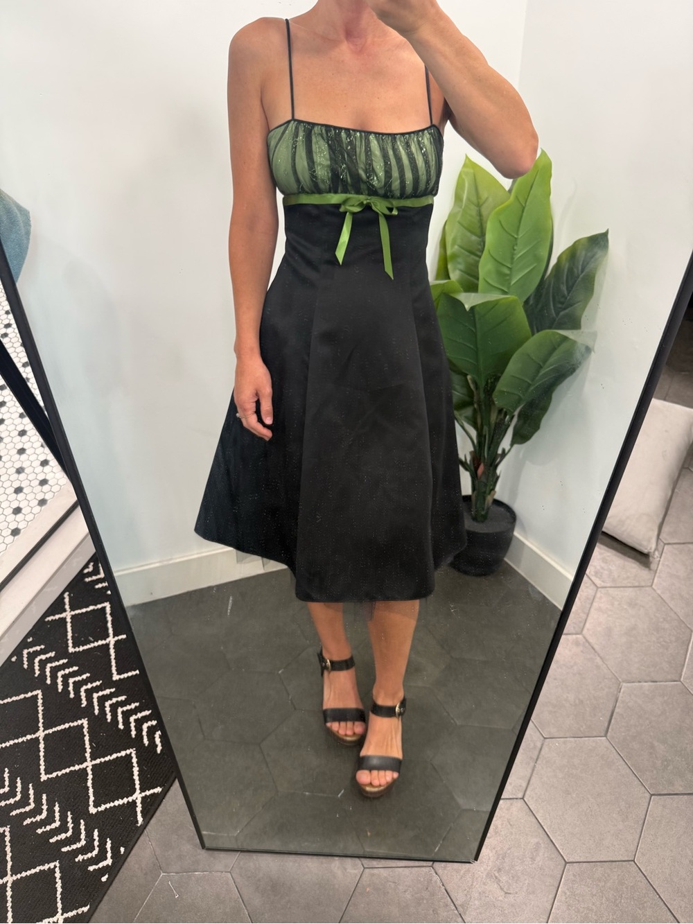 Green Bustier Trim Black A-Line Dress